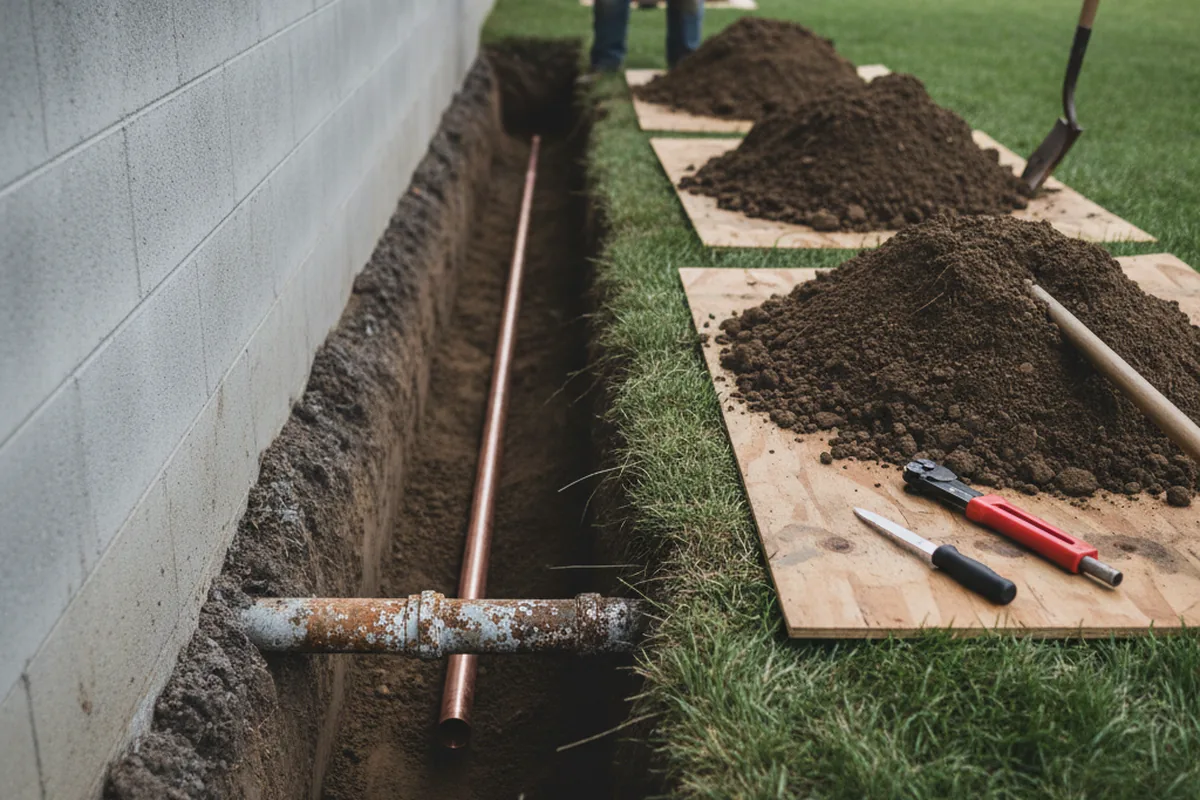 Excavated water line trench during Water Heater Repair in Barry